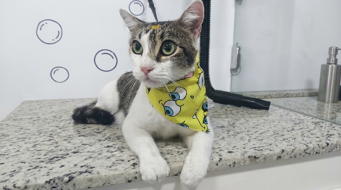 Gato com bandana amarela após a tosa no PetBruce em Belo Horizonte