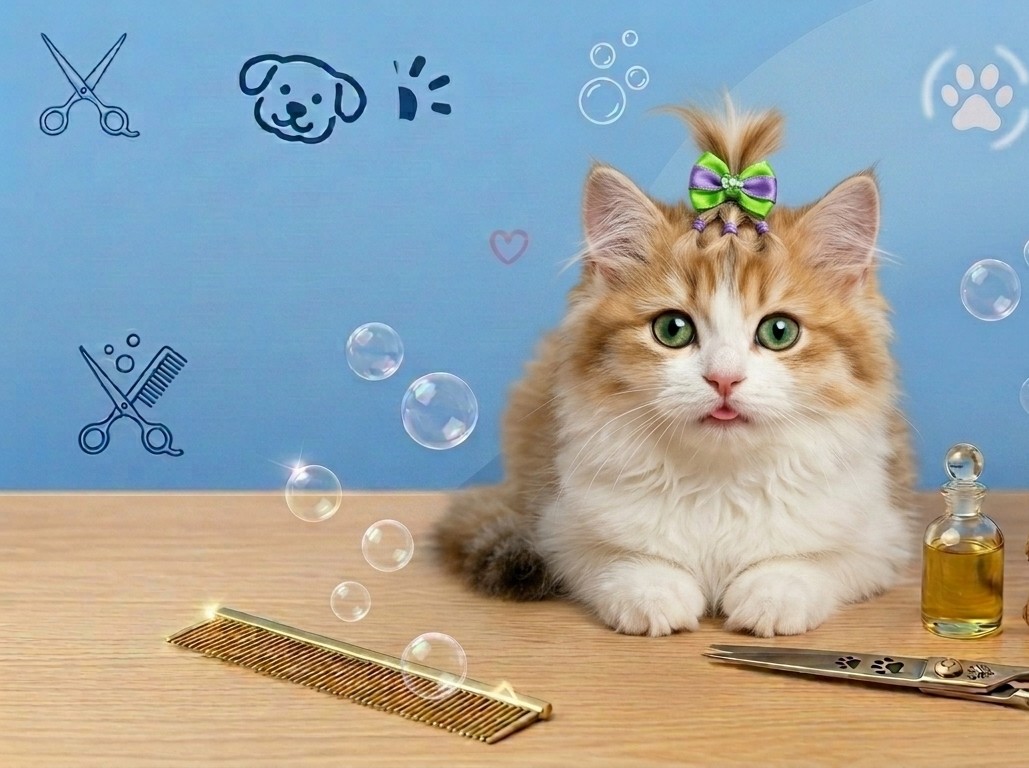 Gatinho laranja com lacinho após a tosa no PetBruce em Belo Horizonte