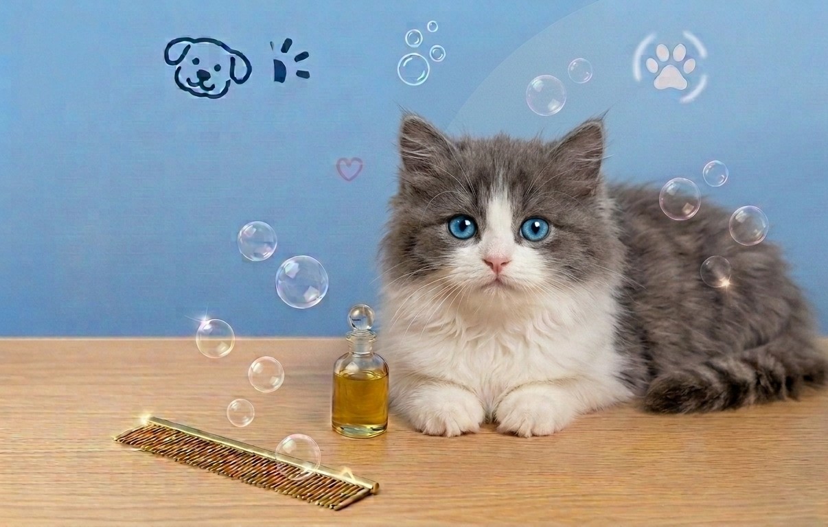 Gatinho cinza e branco pronto para o banho no PetBruce em Belo Horizonte