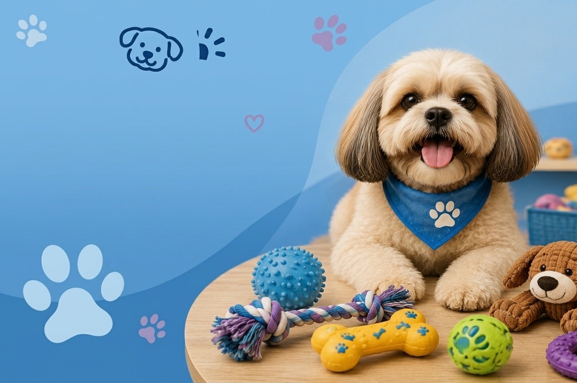 Cachorro com brinquedos para pets no Pet Bruce
